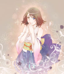 Rule 34 | 1girl, applemac, bare shoulders, blue eyes, breasts, brown hair, closed mouth, commentary request, detached sleeves, final fantasy, final fantasy x, graphite (medium), green eyes, hakama, hakama skirt, heterochromia, japanese clothes, jewelry, looking at viewer, medium breasts, necklace, short hair, skirt, smile, solo, traditional media, yuna