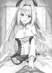 Rule 34 | 1girl, animal ears, arm behind back, bare shoulders, blush, breasts, cleavage, collarbone, detached collar, fake animal ears, frown, girl on top, greyscale, kakeyuku toshi no kikai moon doll, long hair, monochrome, novel illustration, official art, open mouth, out of frame, pov, rabbit ears, rin yuu, solo focus, spread legs, straddling, teeth