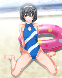 Rule 34 | 1girl, alternate hair length, alternate hairstyle, arm support, barefoot, beach, black hair, blue one-piece swimsuit, blue sky, breasts, brown eyes, closed mouth, cloud, cloudy sky, commentary request, covered navel, day, girls und panzer, gluteal fold, hairband, halterneck, highres, innertube, leaning back, lens flare, looking at viewer, medium breasts, ocean, one-piece swimsuit, outdoors, partial commentary, print swimsuit, reizei mako, saitou gabio, shadow, shiny skin, short hair, sitting, sky, smile, solo, sparkle, spread legs, swim ring, swimsuit, white hairband