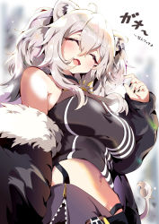 Rule 34 | 1girl, ahoge, aloe (kenkou3733), animal ears, black coat, black nails, black shirt, black skirt, blurry, blurry background, breasts, closed eyes, coat, commentary, cowboy shot, crop top, depth of field, earrings, fangs, from below, fur-trimmed coat, fur trim, hair between eyes, highres, hololive, jewelry, large breasts, lion ears, lion tail, long hair, looking at viewer, midriff, miniskirt, nail polish, navel, necklace, off shoulder, open mouth, partially unzipped, shirt, shishiro botan, shishiro botan (1st costume), silver hair, skirt, smile, solo, tail, translated, virtual youtuber, zipper skirt