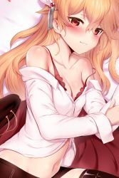 Rule 34 | 1girl, :3, black thighhighs, blonde hair, blush, bra, breasts, cleavage, closed mouth, collarbone, commentary request, ear blush, ester fitz clarence, fang, fang out, hair ornament, highres, light smile, long hair, long sleeves, looking at viewer, lying, m-da s-tarou, midriff, miniskirt, navel, off shoulder, on side, pink bra, red eyes, skirt, small breasts, solo, strap slip, tanaka the wizard, thighhighs, underwear