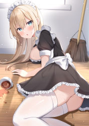Rule 34 | 1girl, :o, absurdres, blonde hair, blush, breasts, broom, dress, drink, feet out of frame, frilled dress, frills, highres, large breasts, long hair, looking at viewer, maid, okiq, on floor, original, parted lips, puffy short sleeves, puffy sleeves, short sleeves, solo, spill, thighhighs, thighs, white thighhighs, wooden floor