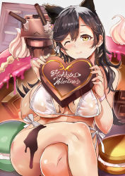 Rule 34 | animal ears, atago (azur lane), azur lane, bikini, black hair, breasts, candy, chocolate, chocolate heart, chocolate on body, chocolate on breasts, closed mouth, commentary request, crossed legs, english text, food, food on body, hair ribbon, heart, himuro shunsuke, holding, holding heart, large breasts, long hair, looking at viewer, mole, mole under eye, one eye closed, ribbon, side-tie bikini bottom, sitting, smile, solo, sweets, swept bangs, swimsuit, turret, valentine, white bikini, white ribbon, yellow eyes