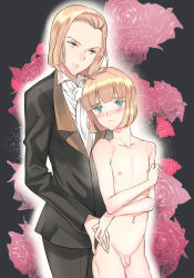 Rule 34 | 2boys, bad id, bad pixiv id, blonde hair, blue eyes, blush, bob cut, censored, clothed male nude male, coin rand, collarbone, flaccid, flower, formal, male focus, mosaic censoring, multiple boys, navel, nude, penis, rose, testicles