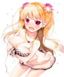 Rule 34 | 1girl, :o, akahito, bad id, bad pixiv id, bare shoulders, blonde hair, breasts, cleavage, fang, female focus, flower, hair flower, hair ornament, jewelry, large breasts, long hair, looking at viewer, midriff, necklace, pink eyes, skirt, solo, tokyo 7th sisters, twintails, uesugi u. kyouko, wardrobe malfunction