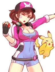 Rule 34 | 1girl, adapted costume, baseball cap, black gloves, breasts, brown eyes, brown hair, choker, cleavage, cosplay, covered navel, cowboy shot, creatures (company), crop top, cropped jacket, crossover, d.va (overwatch), facial mark, female protagonist (pokemon go), female protagonist (pokemon go) (cosplay), fingerless gloves, game freak, gen 1 pokemon, gloves, hat, headphones, holding, holding poke ball, jacket, long hair, looking at viewer, medium breasts, nintendo, one eye closed, open mouth, outstretched arm, overwatch, overwatch 1, pikachu, pink jacket, poke ball, pokemon, pokemon go, ponytail, sieyarelow, simple background, skin tight, swept bangs, whisker markings, white background