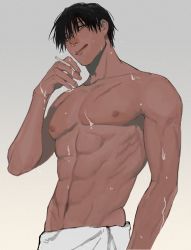 Rule 34 | 1boy, abs, absurdres, black hair, cigarette, commentary, fingernails, fushiguro touji, green eyes, head tilt, highres, holding, holding cigarette, jujutsu kaisen, li chestnuts, licking lips, looking at viewer, male focus, mature male, muscular, muscular male, navel, nipples, pectorals, scar, scar on face, scar on mouth, short hair, simple background, solo, standing, stomach, symbol-only commentary, tongue, tongue out, topless male, wet, wet hair