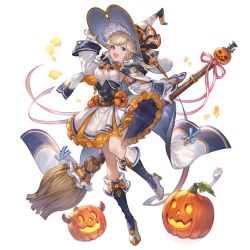 Rule 34 | 1girl, arm up, belt, blonde hair, blue eyes, blue footwear, blue ribbon, boots, breasts, broom, cape, cleavage, cleavage cutout, clothing cutout, corset, cucouroux (granblue fantasy), cucouroux (halloween) (granblue fantasy), detached sleeves, dress, frilled dress, frills, full body, gloves, granblue fantasy, hair ribbon, hand on headwear, hat, high heel boots, high heels, jack-o&#039;-lantern, looking at viewer, medium breasts, official alternate costume, official art, open mouth, red ribbon, ribbon, sidelocks, sleeveless, sleeveless dress, smile, solo, star (symbol), transparent background, twintails, white dress, white gloves, wide sleeves, witch hat