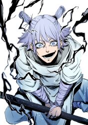 Rule 34 | 1boy, jujutsu kaisen, jumping, kashimo hajime, long hair, looking at viewer, open mouth, pants, purple eyes, purple hair, simple background, smile, solo, sweater, sword, transparent background, very long hair, weapon, white pants, white sweater