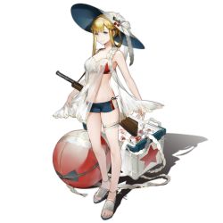 Rule 34 | 1girl, bag, ball, beach, bikini, blonde hair, blue eyes, braid, breasts, camera phone, cherry, cherry hair ornament, closed mouth, collarbone, floor, food, food-themed hair ornament, french braid, fruit, girls&#039; frontline, gun, hair ornament, hat, highres, holding, holding weapon, ice, legs, long hair, looking at viewer, multicolored bikini, multicolored clothes, multicolored swimsuit, navel, official art, ppd-40, ppd-40 (girls&#039; frontline), ppd-40 (pink coral) (girls&#039; frontline), red star, sandals, shuaigegentou, simple background, small breasts, smile, solo, standing, star (symbol), star print, submachine gun, summer, sun hat, swimsuit, transparent background, viewfinder, weapon, white hat