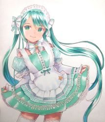 Rule 34 | 1girl, aqua dress, aqua eyes, aqua hair, aqua ribbon, bow, bowtie, closed mouth, commentary, contrapposto, cowboy shot, detached sleeves, dress, flat chest, green eyes, hatsune miku, lace, lace-trimmed dress, lace-trimmed legwear, lace-trimmed sleeves, lace trim, layered sleeves, long hair, long sleeves, looking at viewer, maid headdress, mayo riyo, puffy short sleeves, puffy sleeves, ribbon, ribbon-trimmed bow, short over long sleeves, short sleeves, skirt hold, solo, star (symbol), striped, swept bangs, thighhighs, twintails, two-tone dress, vertical stripes, very long hair, vocaloid, white background, white bow, white dress, white thighhighs, zettai ryouiki