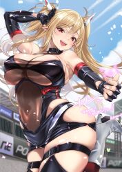 Rule 34 | 1girl, ayamo kaoru, belt, belt collar, bikini, black belt, black bikini, black gloves, black leotard, black skirt, black thighhighs, blonde hair, blurry, blurry background, breasts, cleavage, cloud, collar, commission, covered navel, elbow gloves, fingerless gloves, gloves, headgear, heart, highres, large breasts, leotard, long hair, microskirt, numako (pizza kanon), open mouth, original, pointy ears, race queen, red eyes, see-through, skeb commission, skirt, sky, solo, swimsuit, teeth, thigh belt, thigh strap, thighhighs, upper teeth only