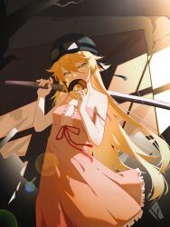 Rule 34 | 1girl, absurdres, bakemonogatari, bare arms, bare shoulders, blonde hair, breasts, center frills, chinese commentary, commentary request, doughnut, dress, eating, enoharatoki, feet out of frame, floating clothes, floating hair, food, food in mouth, frilled dress, frills, glint, goggles, goggles on headwear, hair between eyes, helmet, highres, holding, holding food, holding sword, holding weapon, katana, kokorowatari, lens flare, long hair, looking at viewer, monogatari (series), motorcycle helmet, oshino shinobu, over shoulder, pink dress, sleeveless, sleeveless dress, small breasts, solo, standing, strap slip, sunlight, sword, very long hair, weapon, weapon over shoulder, window shadow, yellow eyes