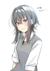 Rule 34 | 1girl, asanagi yori, black hair, blue eyes, blush, breasts, closed mouth, collared shirt, commentary request, crossed bangs, grey sweater vest, hair between eyes, highres, looking at viewer, sasayaku you ni koi wo utau, school uniform, shirt, sidelocks, simple background, sleeves past elbows, small breasts, solo, sweater vest, translation request, upper body, white background, white shirt, yuama (drop)