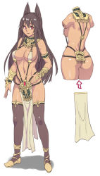 Rule 34 | 1girl, anubis (houtengeki), anubis (mythology), armlet, ass, bare shoulders, black thighhighs, bracer, breasts, bridal gauntlets, brown hair, character sheet, cleavage, concept art, dark-skinned female, dark skin, egyptian, egyptian mythology, houtengeki, large breasts, loincloth, long hair, looking at viewer, lots of jewelry, navel, original, pelvic curtain, red eyes, simple background, smile, solo, standing, thighhighs, usekh collar, white background