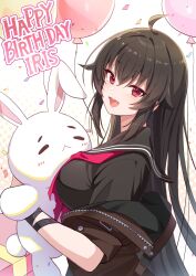 Rule 34 | 1girl, absurdres, artist request, black hair, black sailor collar, breasts, hair between eyes, highres, iris yuma, jacket, large breasts, long hair, looking at viewer, non-web source, official style, open mouth, red eyes, sailor collar, smile, soulworker, source request, stuffed toy, upper body