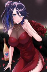 Rule 34 | 1girl, ahoge, black choker, blue eyes, blue hair, blue nails, blush, bracelet, breasts, choker, cleavage, dress, flower, gold bracelet, gold necklace, highres, jewelry, kson, large breasts, long hair, looking at viewer, mole, mole under eye, multicolored hair, nail polish, necklace, open mouth, petals, ponytail, purple hair, red dress, red flower, rose, see-through, see-through cleavage, side slit, spiked choker, spikes, streaked hair, uzuham, virtual youtuber, vshojo