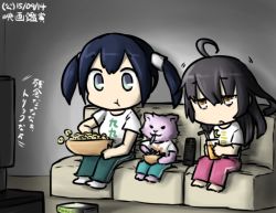 Rule 34 | 10s, 2girls, :o, ahoge, animalization, barefoot, black hair, blue eyes, blue hair, casual, cat, chips (food), controller, crescent, dated, eating, food, hamu koutarou, kantai collection, long hair, mikazuki (kancolle), mouth hold, multiple girls, pants, potato chips, remote control, shirt, short hair, short twintails, sleepy, souryuu (kancolle), sweatpants, t-shirt, tama (kancolle), television, translated, twintails, yellow eyes
