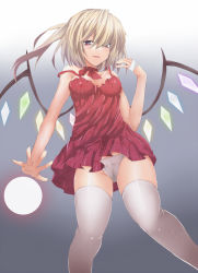 Rule 34 | 1girl, bandages, blonde hair, breasts, choker, fai, female focus, flandre scarlet, aged up, panties, red eyes, short hair, side ponytail, small breasts, solo, strap slip, thighhighs, touhou, underwear