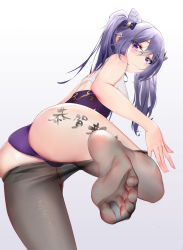 Rule 34 | 1girl, ass, bare shoulders, black pantyhose, body writing, brown pantyhose, closed mouth, clothes pull, cone hair bun, double bun, dress, drive shot, eyes visible through hair, feet, foot focus, genshin impact, hair bun, hair ears, hair ornament, highres, keqing (genshin impact), long hair, looking at viewer, looking back, no shoes, panties, pantyhose, pantyhose pull, purple dress, purple eyes, purple hair, purple panties, simple background, soles, solo, twintails, underwear, white background