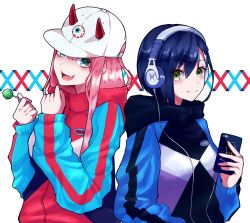 Rule 34 | 10s, 2girls, absurdres, aqua eyes, baseball cap, blue hair, candy, casual, cellphone, commentary request, darling in the franxx, fang, food, green eyes, hair between eyes, hair ornament, hairclip, hat, headphones, highres, holding, holding food, holding phone, hood, hood down, hoodie, horns, ichigo (darling in the franxx), lollipop, looking at viewer, multiple girls, open mouth, phone, pink hair, red horns, smartphone, smile, yoshi2 oide, zero two (darling in the franxx)