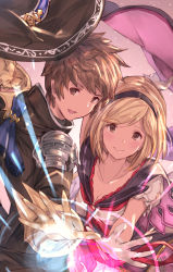 Rule 34 | 1boy, 1girl, bad id, bad pixiv id, black hairband, blonde hair, blush, breasts, brown eyes, brown hair, cleavage, closed mouth, djeeta (granblue fantasy), gloves, gran (granblue fantasy), granblue fantasy, hairband, looking at viewer, milli little, open mouth, short hair, sketch, smile, white gloves