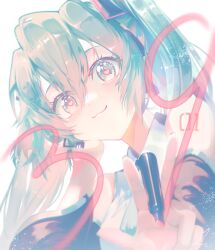 Rule 34 | 1girl, 39, aqua eyes, aqua hair, bare shoulders, between fingers, black sleeves, closed mouth, collared shirt, commentary request, detached sleeves, finger counting, hair between eyes, hatsune miku, heart, heart-shaped pupils, highres, holding, long hair, long sleeves, looking at viewer, saihate (d3), shirt, simple background, sleeveless, sleeveless shirt, smile, solo, symbol-shaped pupils, twintails, upper body, vocaloid, white background, white shirt, wide sleeves