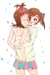 Rule 34 | 2girls, :d, ^ ^, bare arms, breast press, brown eyes, brown hair, closed eyes, conjoined, futami ami, futami mami, highres, idolmaster, idolmaster (classic), meme attire, multiple girls, open-chest sweater, open mouth, ribbed sweater, shared clothes, shared sweater, short hair, siblings, side ponytail, sisters, skirt, smile, sweater, symmetrical docking, thighhighs, twins, usayamada