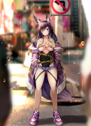 Rule 34 | 1girl, animal ear fluff, animal ears, arrow (symbol), bare legs, bare shoulders, belt, black hair, blurry, breasts, clothes writing, collarbone, commentary, covered navel, cutoffs, denim, denim shorts, depth of field, fox ears, fox girl, fox tail, full body, gluteal fold, groin, hair over one eye, hands in pockets, highres, jacket, large breasts, long hair, long sleeves, looking at viewer, micro shorts, off shoulder, open clothes, open fly, open jacket, original, purple eyes, purple jacket, rain, road sign, shoes, shorts, sign, smile, sneakers, solo, sports bra, standing, stop sign, tail, thighs, underboob, water, yukishiro arte