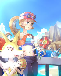 Rule 34 | 1girl, alternate color, animal ear fluff, animal ears, animal nose, bag, bandeau, bare shoulders, beach, black pants, blonde hair, blue-framed eyewear, blue background, blue bag, blue tube top, blush, braixen, breasts, can, cloud, corsola, creatures (company), day, drink can, drinking straw, fangs, female focus, flabebe, flabebe (red flower), flower, fox ears, game freak, gen 2 pokemon, gen 6 pokemon, glasses, grey eyes, hand up, hands up, hat, konna-nani, navel, nintendo, ocean, open mouth, outdoors, pants, pokemon, pokemon (creature), pokemon xy, ponytail, red flower, red hat, serena (pokemon), shiny pokemon, sky, sleeveless, smile, snout, soda can, standing, strapless, sunglasses, sunlight, teeth, tube top, water, yellow eyes