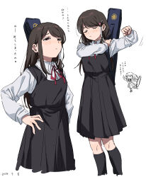 2girls absurdres black_dress blush brown_hair collared_shirt cropped_legs dress frown grey_shirt hair_ornament hairclip hand_on_own_hip highres koishikawa_iko long_hair long_sleeves mole mole_under_eye multiple_girls neck_ribbon red_ribbon ribbon shirt shy_(series) simple_background takatisakana tennouji_ai_(shy) translation_request