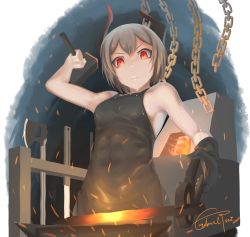 Rule 34 | 1girl, absurdres, arknights, artist name, bare arms, bare shoulders, black gloves, blacksmith, breasts, chain, chinese commentary, commentary request, embers, female focus, gabrieltsui, gloves, grey hair, hammer, highres, holding, holding hammer, horns, parted lips, red eyes, short hair, signature, single glove, sleeveless, small breasts, solo, upper body, v-shaped eyebrows, vulcan (arknights)