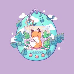 animal_focus artist_name black_eyes blush_stickers charm_(object) cloud commentary diebbie english_commentary fox leaf looking_at_viewer no_humans original purple_background solid_oval_eyes star_(symbol) star_charm tamagotchi_(virtual_pet)