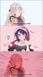 Rule 34 | 2girls, absurdres, bare shoulders, bird wings, black dress, blue eyes, blue hair, bow, bowtie, braid, collared shirt, commentary, cup, doremy sweet, dress, english commentary, english text, closed eyes, feathered wings, french braid, grey wings, hat, highres, jacket, kishin sagume, light brown jacket, long sleeves, multicolored clothes, multicolored dress, multiple girls, nervous, nightcap, pom pom (clothes), purple shirt, red bow, red bowtie, red headwear, sakikagami, shirt, short hair, silver hair, single wing, sleeveless, sleeveless dress, touhou, turtleneck, white dress, wings