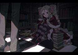 Rule 34 | 1boy, 1girl, absurdres, beatrice (re:zero), blonde hair, book, bookshelf, bow, capelet, checkered floor, closed mouth, commentary, crossed arms, dark, dress, drill hair, frills, fur-trimmed capelet, fur trim, hair ribbon, highres, indoors, kiliko-san, library, long hair, natsuki subaru, pants, pantyhose, pink ribbon, re:zero kara hajimeru isekai seikatsu, red capelet, red dress, ribbon, shoes, sidelocks, sitting, solo focus, striped clothes, striped pantyhose, symbol-only commentary, twin drills, twintails