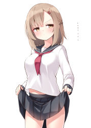 Rule 34 | ..., 1girl, black sailor collar, black skirt, blush, braid, breasts, brown eyes, brown hair, closed mouth, clothes lift, hair between eyes, hair ornament, hairclip, highres, lifted by self, long sleeves, looking at viewer, medium breasts, neckerchief, ominaeshi (takenoko), original, pleated skirt, red neckerchief, sailor collar, school uniform, serafuku, shirt, simple background, skirt, skirt lift, solo, v-shaped eyebrows, white background, white shirt