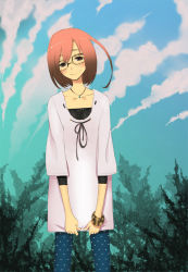 Rule 34 | 1girl, bad id, bad pixiv id, blush, bracelet, brown eyes, brown hair, closed mouth, collarbone, dot nose, eyebrows, feet out of frame, female focus, glasses, jewelry, legs apart, looking at viewer, nature, necklace, ootorii bisetsu, original, outdoors, polka dot, short hair, sky, smile, solo, standing