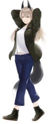Rule 34 | 1girl, animal ears, bomber jacket, capri pants, casual, closed eyes, commission, denim, eila ilmatar juutilainen, highres, jacket, jeans, long hair, midriff, morin, nike (company), pants, shirt, silver hair, smile, solo, strike witches, t-shirt, tail, world witches series