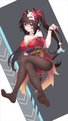 Rule 34 | 1girl, :d, bare shoulders, black hair, black sash, blunt bangs, blush, breasts, brown pantyhose, cleavage, commentary request, crossed legs, detached sleeves, dress, facial mark, fox mask, gangjin, highres, honkai: star rail, honkai (series), large breasts, long hair, looking at viewer, mask, mask on head, no shoes, obi, open mouth, pantyhose, pink eyes, red dress, sash, short sleeves, smile, solo, sparkle (honkai: star rail), thighs, twintails, very long hair