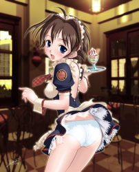 Rule 34 | 1girl, ahoge, ass, blue eyes, blue hair, blush, breasts, brown hair, clothes lift, cowboy shot, cup, dessert, female focus, food, frills, hairband, ice cream, indoors, looking back, necktie, open mouth, panties, plaid, short hair, skirt, skirt lift, solo, standing, tomomimi shimon, tray, underwear, waitress, white panties