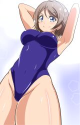 Rule 34 | 1girl, ankoiri, armpits, arms up, blue eyes, blush, breasts, brown hair, competition swimsuit, covered navel, highleg, highres, large breasts, legs, love live!, love live! sunshine!!, one-piece swimsuit, solo, swimsuit, watanabe you