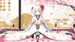 Rule 34 | 1girl, azur lane, bird, black gloves, blue eyes, blurry, blurry foreground, blush, breasts, cherry blossoms, closed mouth, collarbone, commentary request, crane (animal), depth of field, fingerless gloves, gloves, hair ornament, head tilt, indoors, japanese clothes, kagami mochi, kimono, large breasts, long hair, long sleeves, looking at viewer, maya g, mole, mole under eye, nengajou, new year, petals, print kimono, revision, seiza, shoukaku (azur lane), silver hair, sitting, smile, solo, very long hair, white kimono, wide sleeves