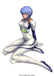 Rule 34 | 1girl, arm support, arms behind back, artist name, ayanami rei, blue hair, bodysuit, bracer, breasts, breasts apart, closed mouth, expressionless, from side, full body, gloves, hair between eyes, headgear, interface headset, knee pads, large breasts, long legs, looking at viewer, narrow waist, neon genesis evangelion, pilot suit, plugsuit, red eyes, ryu (ryu&#039;s form site), short hair, simple background, sitting, solo, thighs, turtleneck, white background, yokozuwari