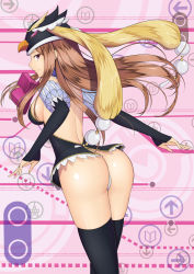 Rule 34 | 10s, 1girl, ass, backless outfit, bare back, black thighhighs, breasts, from behind, hat, highres, kai (link2262), long hair, looking back, mawaru penguindrum, princess of the crystal, purple eyes, sideboob, smile, solo, takakura himari, thighhighs, thighs