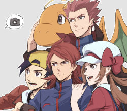 Rule 34 | ahoge, annoyed, arm around shoulder, arm on another&#039;s shoulder, backwards hat, black eyes, black hair, bow, brown hair, cabbie hat, camera, cape, closed mouth, creatures (company), dragonite, game freak, gen 1 pokemon, grey background, happy, hat, hat bow, high collar, monji samonji, nintendo, open mouth, pokemon, pokemon (creature), pokemon hgss, red eyes, silver (pokemon), simple background, smile, speech bubble, spiked hair, suspenders, taking picture