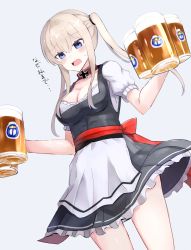 Rule 34 | 10s, 1girl, alcohol, alternate costume, apron, bad id, bad twitter id, beer, beer mug, black dress, blonde hair, blue background, blue eyes, blush, bow, breasts, cleavage, collar, cowboy shot, cross, cup, dirndl, dress, dutch angle, frilled dress, frills, german clothes, graf zeppelin (kancolle), hair tie, highres, holding, iron cross, kantai collection, long hair, looking down, medium breasts, mug, nonon (xenonbot), red bow, sash, short sleeves, sidelocks, simple background, solo, standing, sweat, translated, twintails, waist apron, white apron