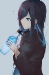 Rule 34 | 1girl, ?, bad id, bad twitter id, black sweater, blue eyes, blue hair, bottle, commentary request, grey background, hair over one eye, highres, long hair, migihidari (puwako), original, simple background, solo, sweater