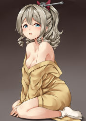 Rule 34 | 10s, 1girl, blue eyes, breasts, brown background, cleavage, drill hair, hatakaze (kancolle), highres, japanese clothes, kamelie, kantai collection, kimono, light brown hair, long sleeves, open mouth, ponytail, short hair, small breasts, socks, solo, white socks, wide sleeves, yellow kimono