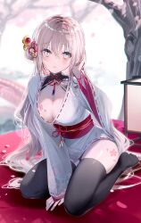 Rule 34 | 1girl, black thighhighs, breasts, cherry blossoms, cleavage, grey eyes, grey hair, hair ornament, hairpin, highres, japanese clothes, kimono, kneeling, large breasts, leaning forward, long hair, looking at viewer, miwano rag, obi, original, sash, short kimono, skindentation, solo, thighhighs, white kimono