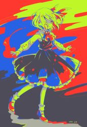 Rule 34 | 1girl, blonde hair, bow, colorful, hair ribbon, limited palette, mary janes, mozukuzu (manukedori), outstretched arms, puffy sleeves, red bow, red eyes, ribbon, rumia, shoes, short hair, skirt, socks, solo, touhou